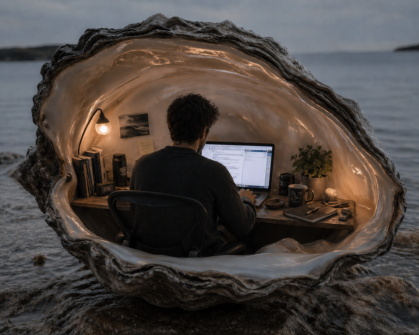 Person working in a cozy shell office by the ocean